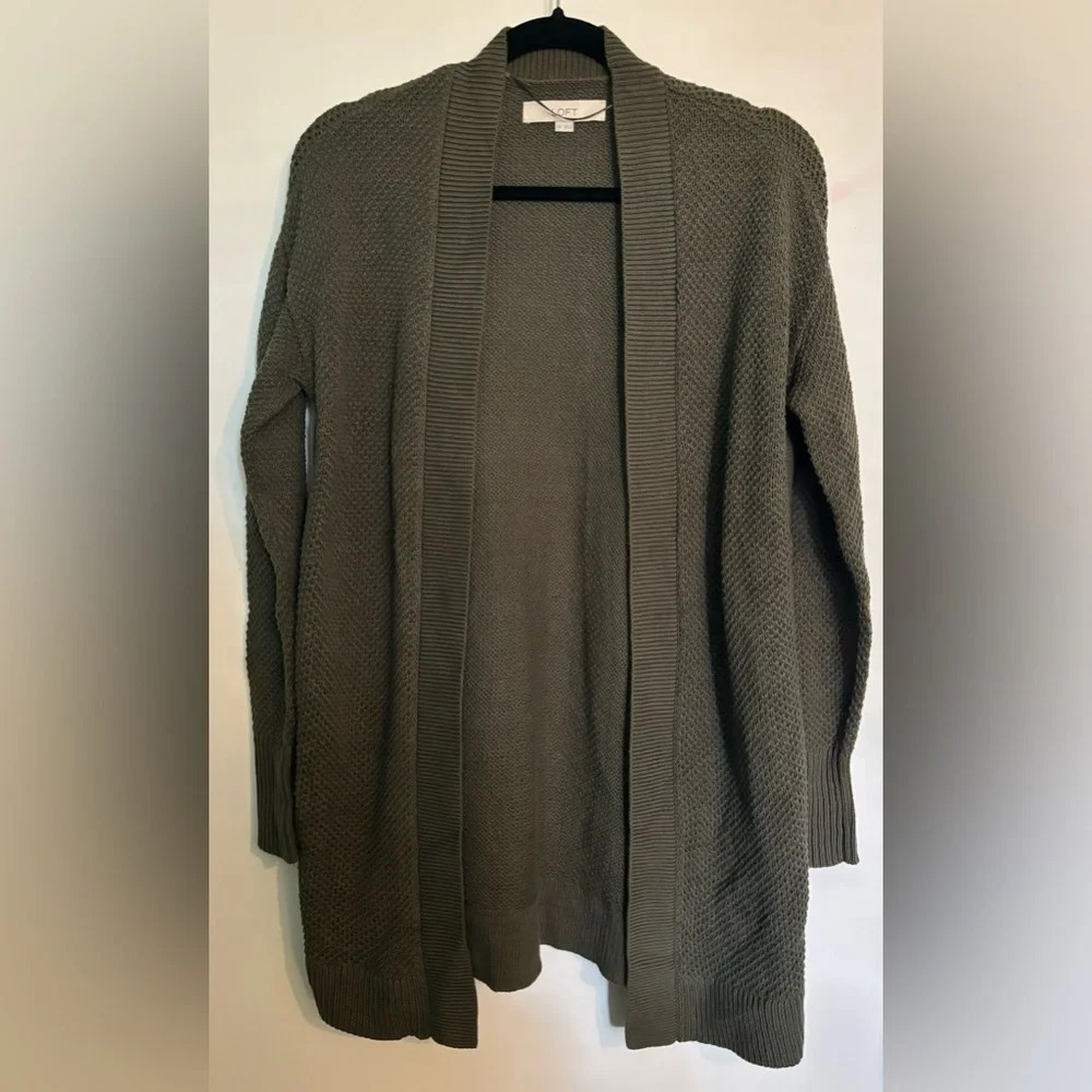 Loft Womens Army Green Open Front Cardigan Slide Slits Ribbed Detail Sz. XS
